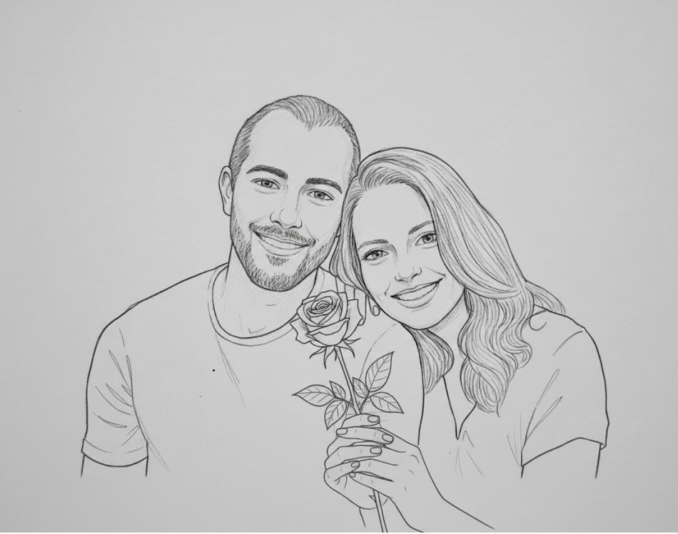 Desenho de Karen e Hugo com uma rosa
